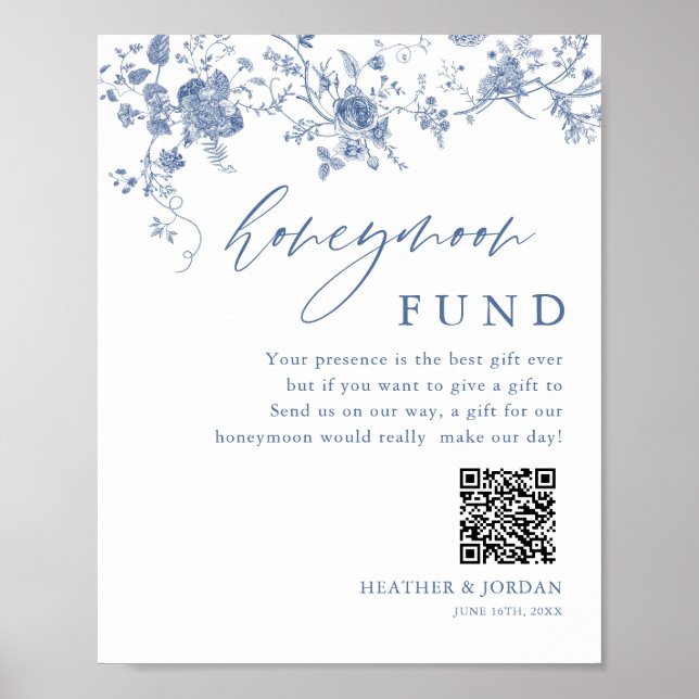 Chinoiserie Blue Floral Wedding Honeymoon Fund Poster (Front)