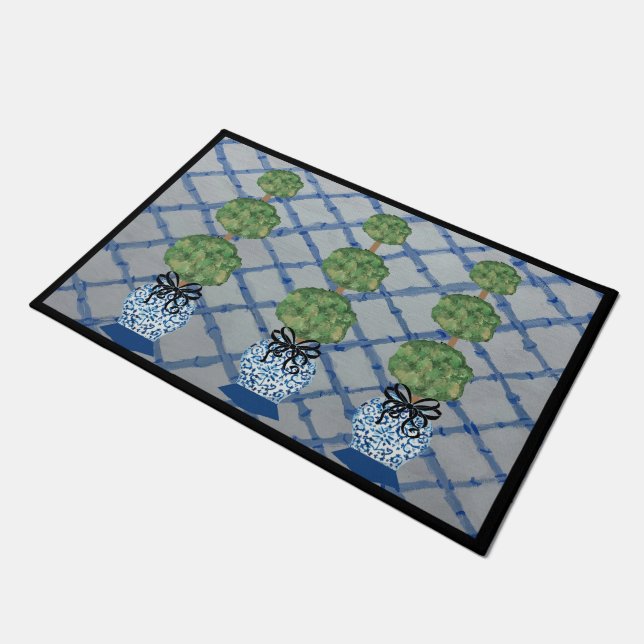 Chinoiserie Blue Ginger Jars Doormat Welcome Mat (Angled)