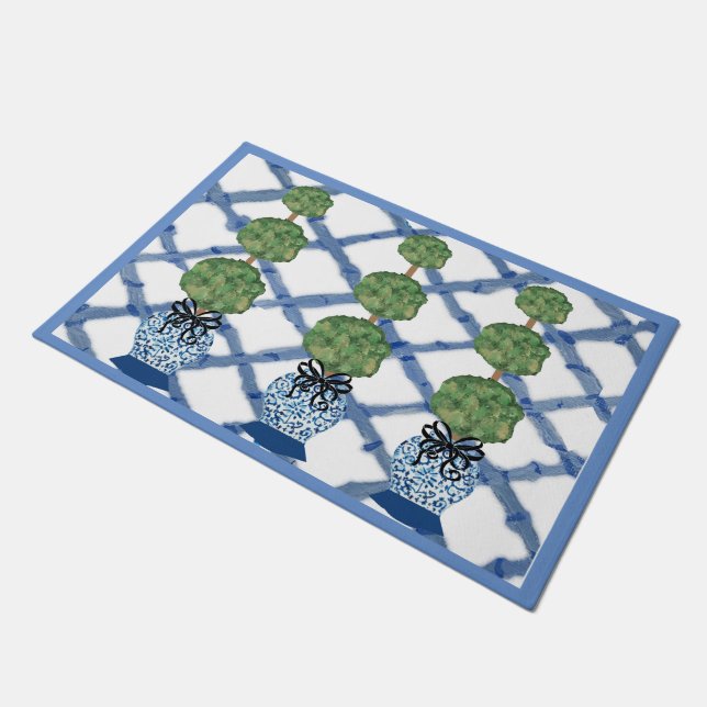 Chinoiserie Blue Ginger Jars Doormat Welcome Mat (Angled)