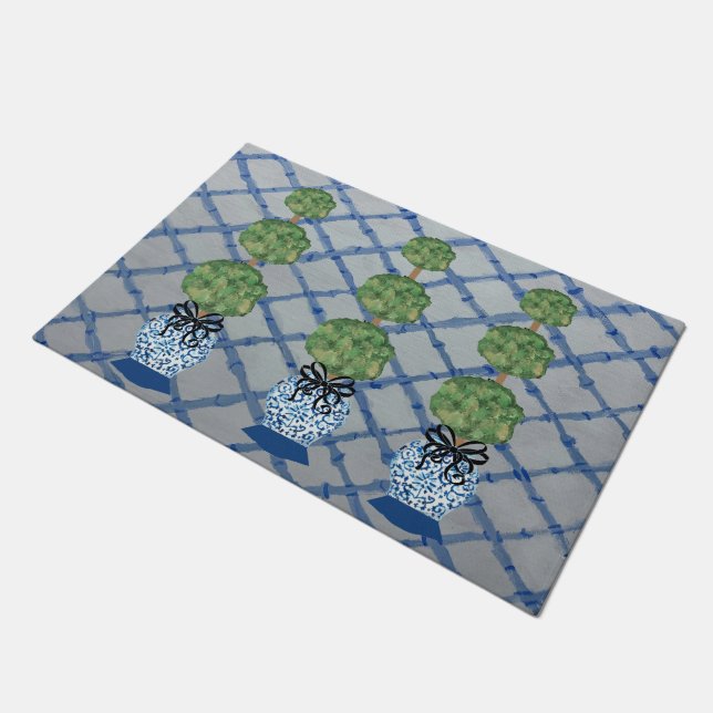 Chinoiserie Blue Ginger Jars Doormat Welcome Mat (Angled)