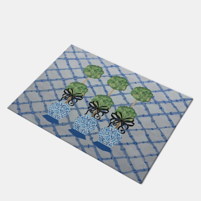 Chinoiserie Blue Ginger Jars Doormat Welcome Mat (Angled)