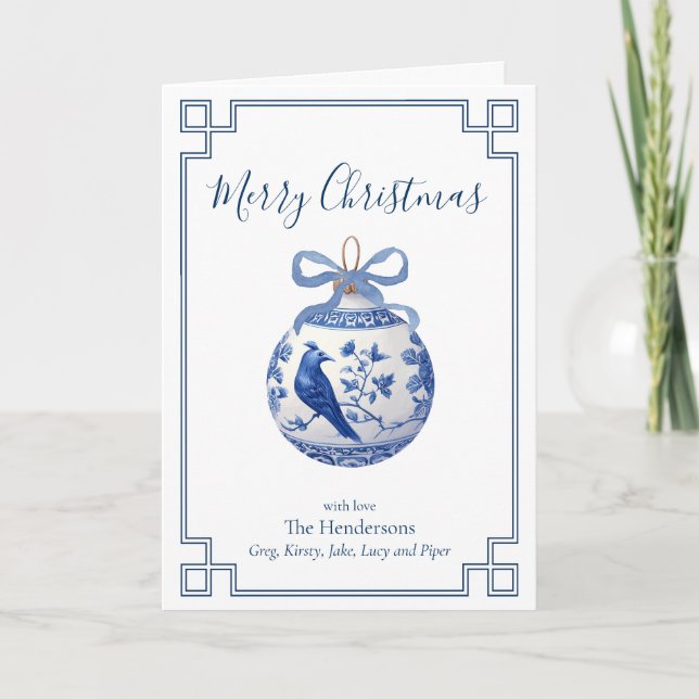 Chinoiserie Blue Ornament with Bow  Holiday Card (Front)