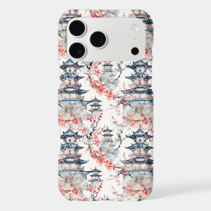 Chinoiserie Blue Pagoda Pink Blossom Floral