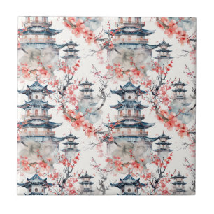 Chinoiserie Blue Pagoda Pink Blossom Floral Ceramic Tile