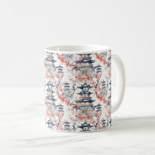 Chinoiserie Blue Pagoda Pink Blossom Floral Coffee Mug