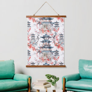 Chinoiserie Blue Pagoda Pink Blossom Floral Hanging Tapestry