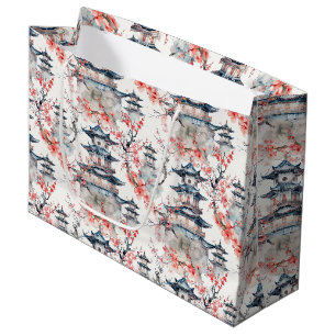 Chinoiserie Blue Pagoda Pink Blossom Floral Large Gift Bag