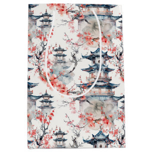 Chinoiserie Blue Pagoda Pink Blossom Floral Medium Gift Bag