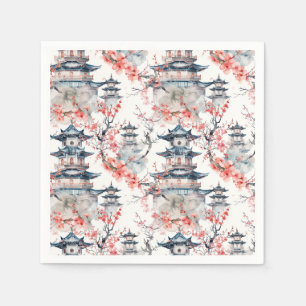 Chinoiserie Blue Pagoda Pink Blossom Floral Napkin