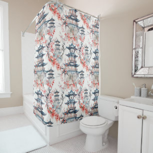 Chinoiserie Blue Pagoda Pink Blossom Floral Shower Curtain