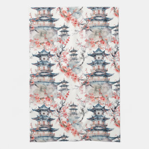 Chinoiserie Blue Pagoda Pink Blossom Floral Tea Towel