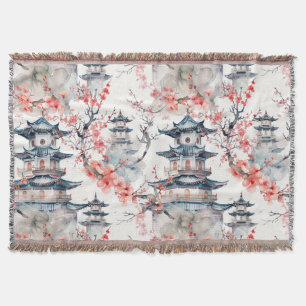 Chinoiserie Blue Pagoda Pink Blossom Floral Throw Blanket