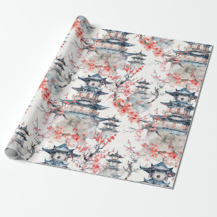 Chinoiserie Blue Pagoda Pink Blossom Floral Wrapping Paper