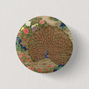 Chinoiserie Blue Peacock with Exotic Flower Garden 3 Cm Round Badge