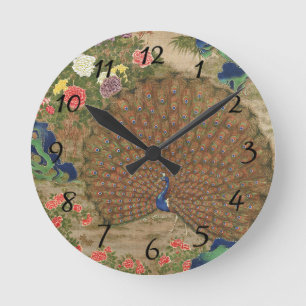 Chinoiserie Blue Peacock with Exotic Flower Garden Round Clock