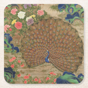 Chinoiserie Blue Peacock with Exotic Flower Garden Square Paper Coaster