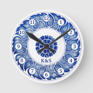 Chinoiserie blue porcerlain inspired own initials round clock