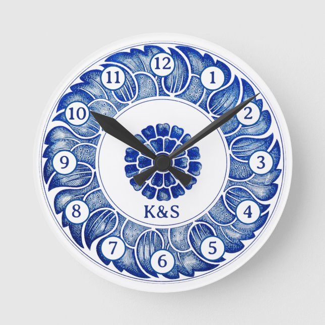 Chinoiserie blue porcerlain inspired own initials round clock (Front)