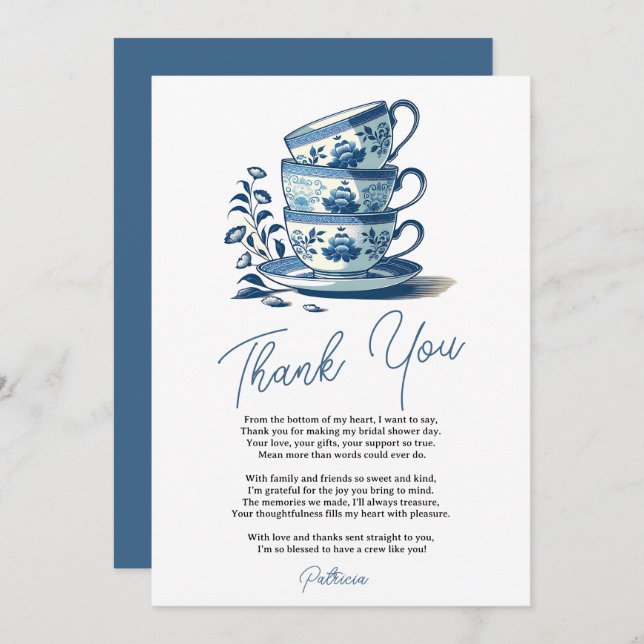 Chinoiserie Blue Stacked Teacups Bridal Shower Tea Thank You Card (Front/Back)