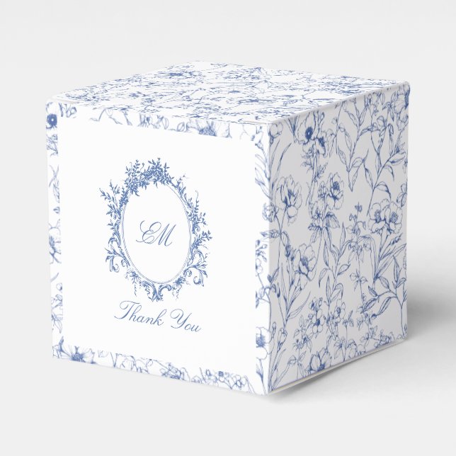 Chinoiserie Blue Toile Floral Crest Wedding Favour Box (Front Side)