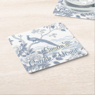 Chinoiserie Blue Toile Peacock Custom Mahjong Square Paper Coaster