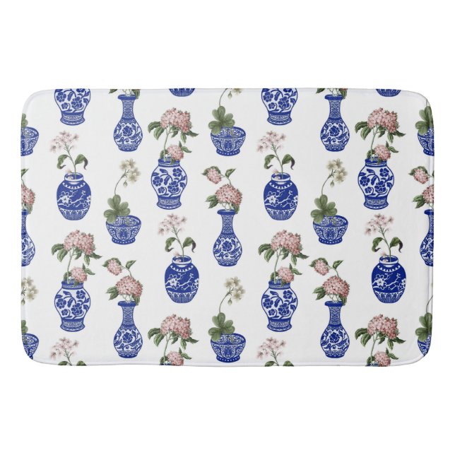 Chinoiserie blue vases and flowers  bath mat (Front)