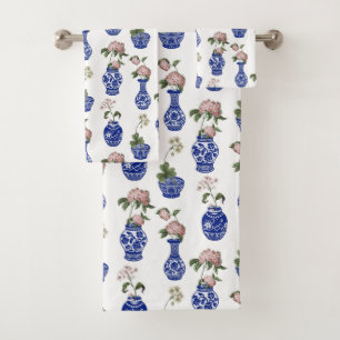 Chinoiserie blue vases and flowers bath towel set