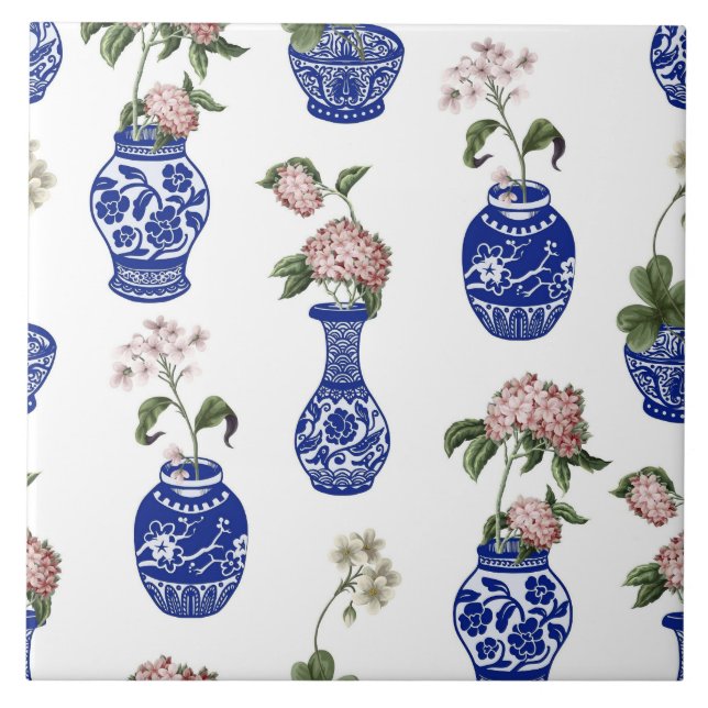 Chinoiserie blue vases and flowers  ceramic tile (Front)