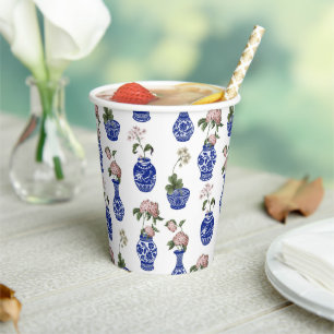 Chinoiserie blue vases and flowers paper cups