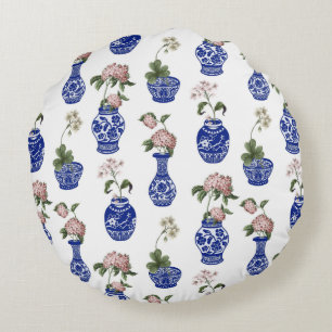 Chinoiserie blue vases and flowers round cushion
