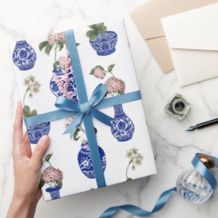 Chinoiserie blue vases and flowers  wrapping paper