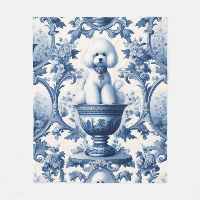 Chinoiserie Blue White Bichon Frise Fleece Blanket (Front)