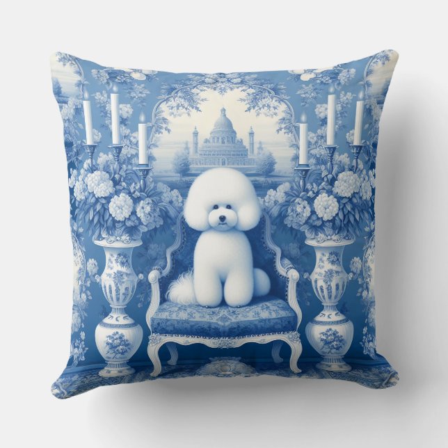 Chinoiserie Blue White Bichon Frise Throw Pillow (Back)