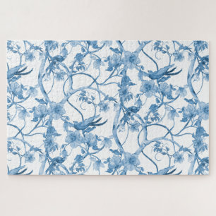 Chinoiserie Blue White Bird Floral Asian Influence Jigsaw Puzzle