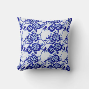 Chinoiserie Blue White Bird Floral Porcelain Asian Cushion