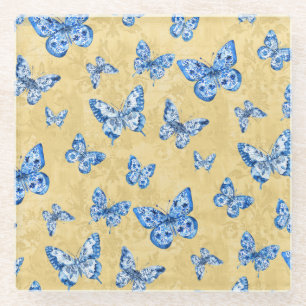  Chinoiserie Blue White Butterfly Faded Damask  Glass Coaster