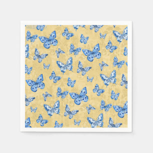 Chinoiserie Blue White Butterfly Faded Damask Napkin