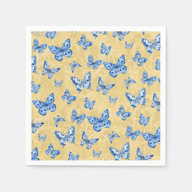 Chinoiserie Blue White Butterfly Faded Damask  Napkin (Front)