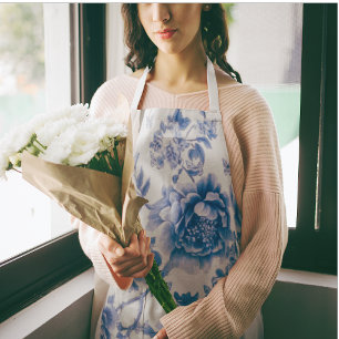 Chinoiserie Blue White Butterfly Roses  Apron