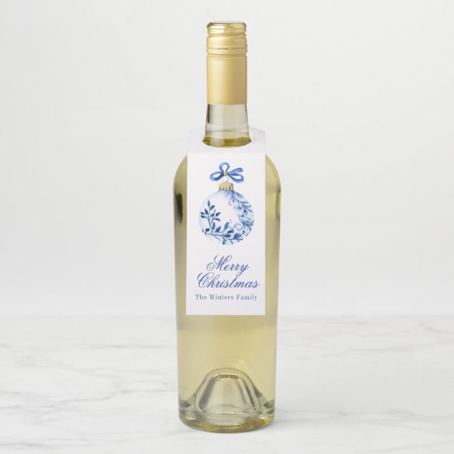Chinoiserie Blue & White Christmas Ornament Bottle Tag (On Bottle)