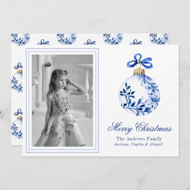 Chinoiserie Blue & White Christmas Ornament Photo Holiday Card (Front/Back)