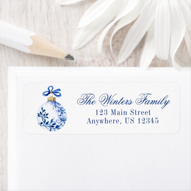 Chinoiserie Blue & White Christmas Ornament Return Address Label (Insitu)