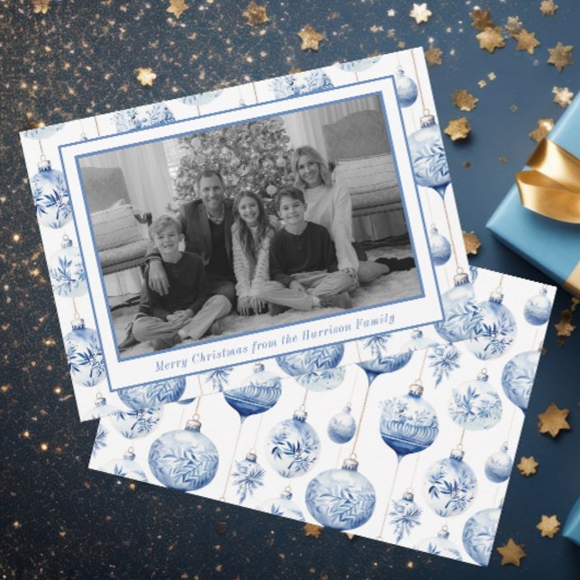 Chinoiserie Blue & White Christmas Ornaments Photo Holiday Card (Creator Uploaded)