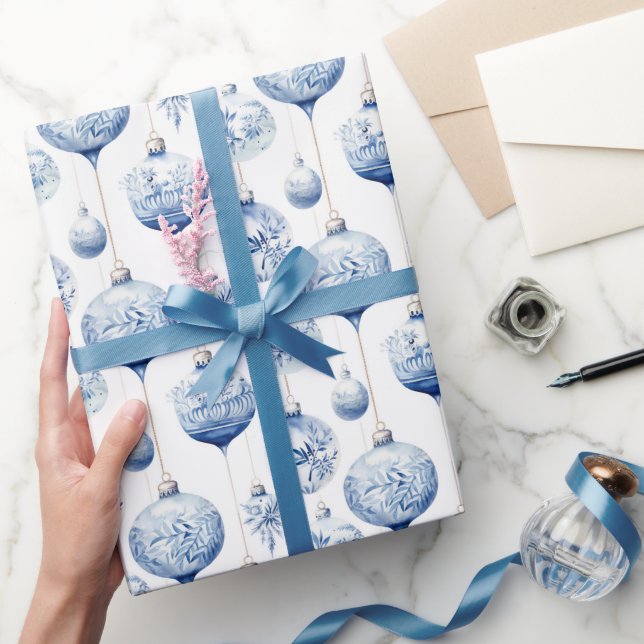 Chinoiserie Blue & White Christmas Ornaments Wrapping Paper (Gifting)