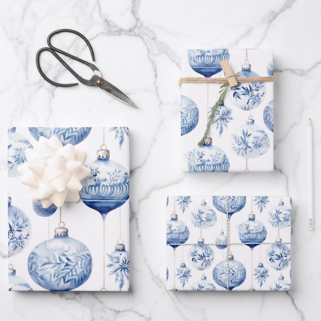 Chinoiserie Blue & White Christmas Ornaments Wrapping Paper Sheet (Front)