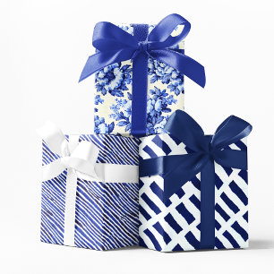 Chinoiserie Blue White Floral and Stripes Wrapping Paper Sheet
