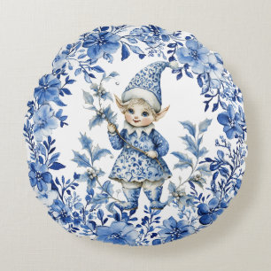 Chinoiserie Blue White Floral Christmas Elf Round Cushion