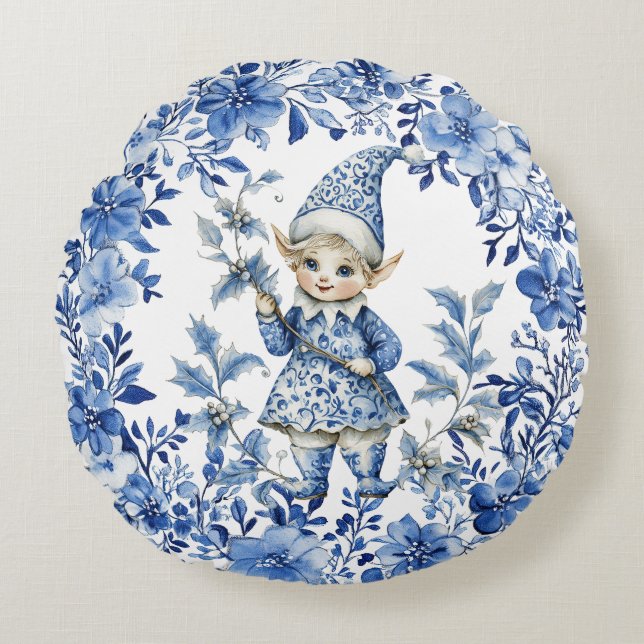 Chinoiserie Blue White Floral Christmas Elf Round Cushion (Front)