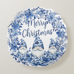Chinoiserie Blue White Floral Christmas Gnomes Round Cushion