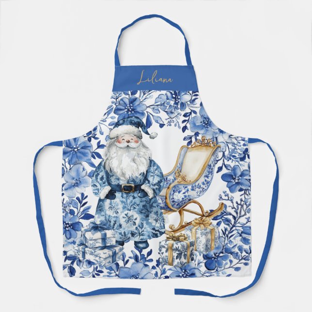 Chinoiserie Blue White Floral Christmas Santa Apron (Front)